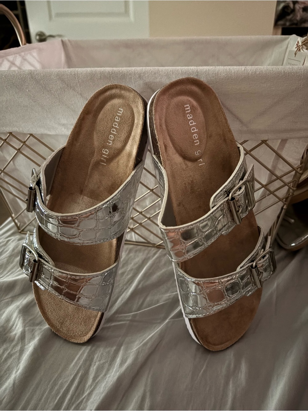 Madden Girl Silver Croc-Embossed Double Buckle Slide Mules